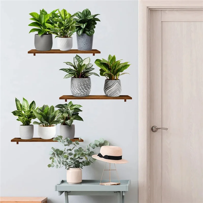 3Pcs / Set 3D Green Plant Potted Wall Stickers Self Adhesive PVC Decorative Decals for Home Office