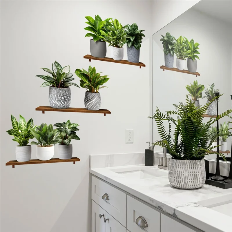 3Pcs / Set 3D Green Plant Potted Wall Stickers Self Adhesive PVC Decorative Decals for Home Office