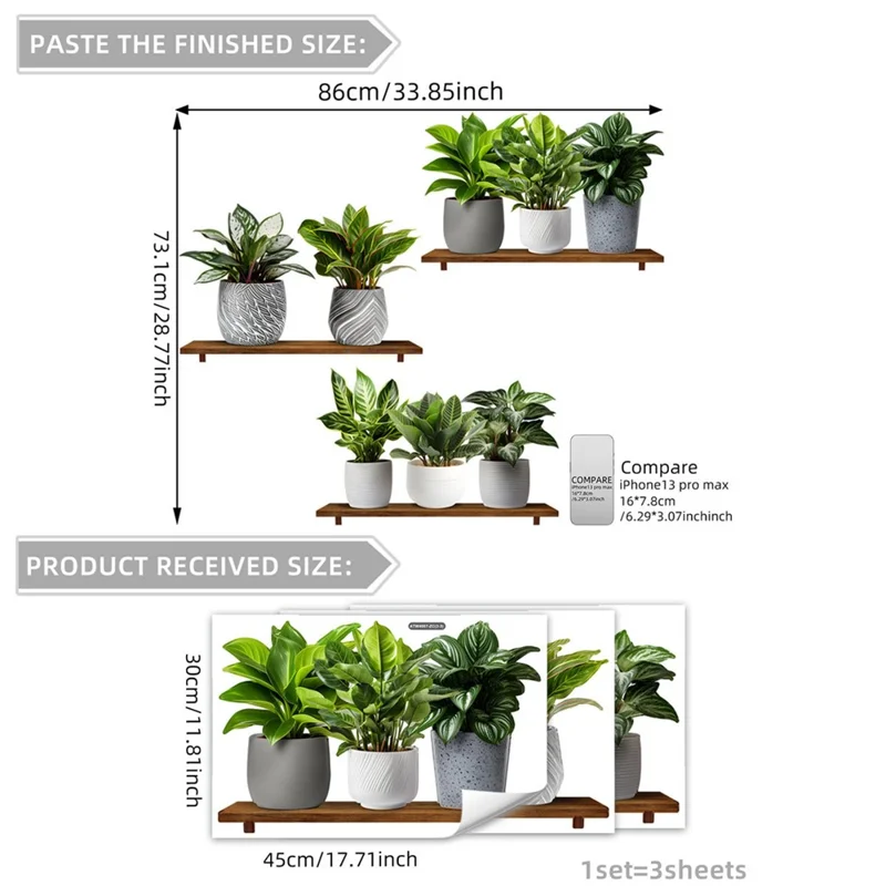 3Pcs / Set 3D Green Plant Potted Wall Stickers Self Adhesive PVC Decorative Decals for Home Office