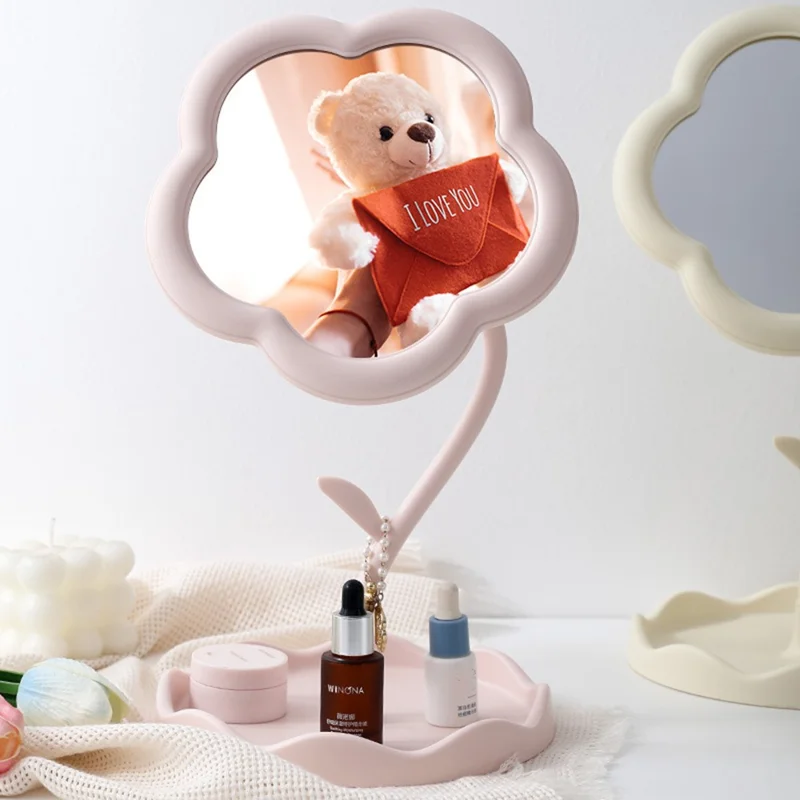 Größe L Niedlicher Blumenförmiger Hochauflösender Schminkspiegel Dekorativer Tisch-Kosmetikspiegel mit Sockel - Rosa