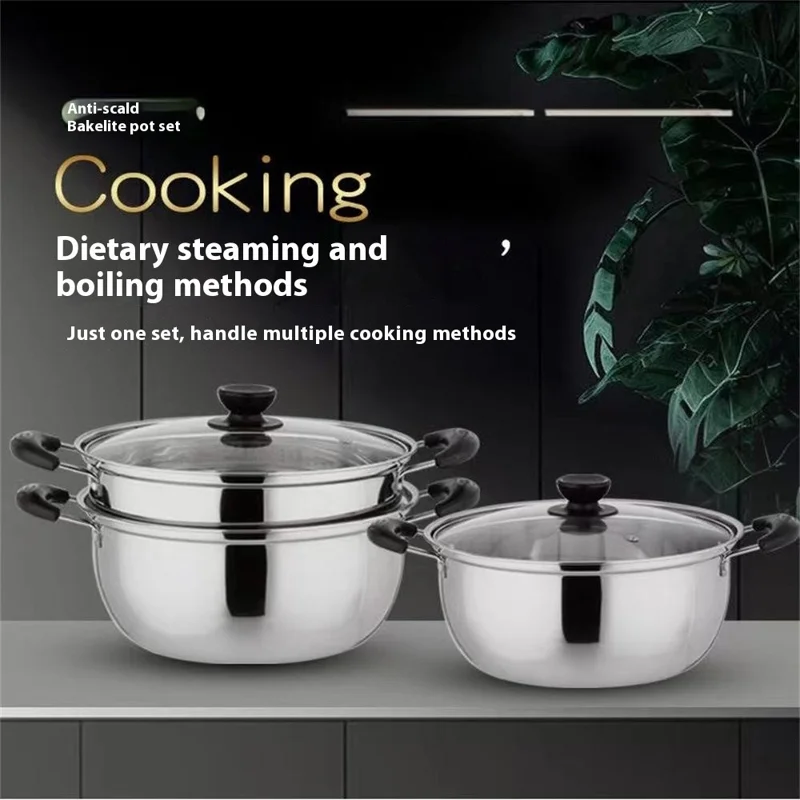 20cm Stainless Steel Thicken Soup Pot Double Handle Gas Stove Cookware with Glass Lid (BPA Free, No FDA)