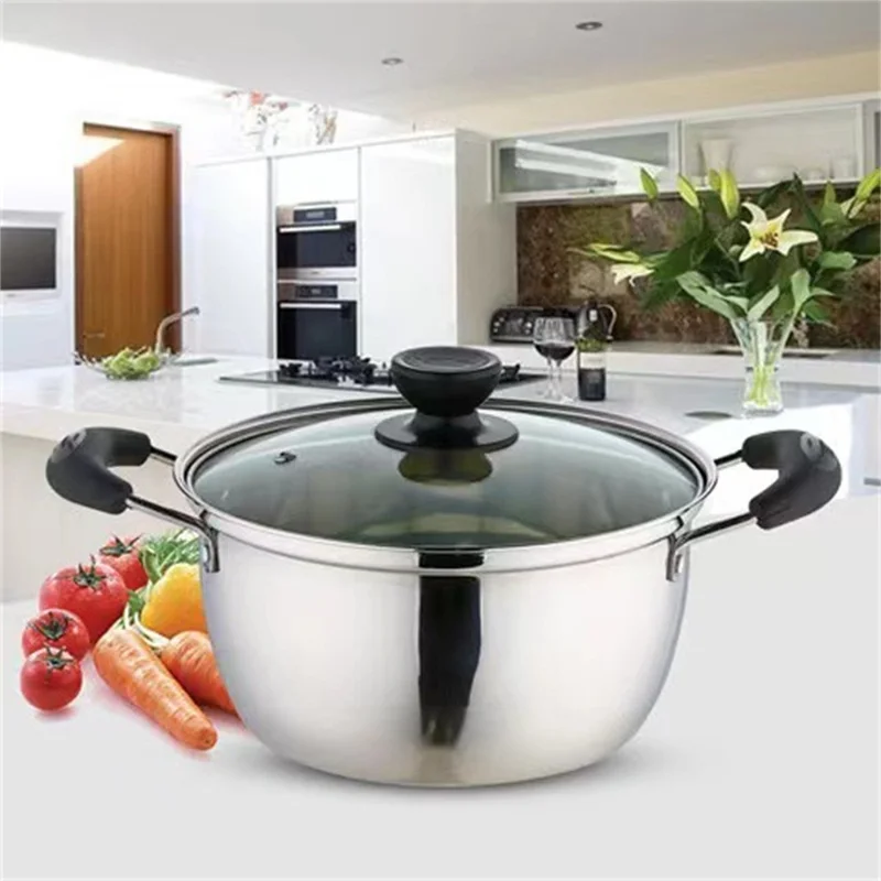 20cm Stainless Steel Thicken Soup Pot Double Handle Gas Stove Cookware with Glass Lid (BPA Free, No FDA)