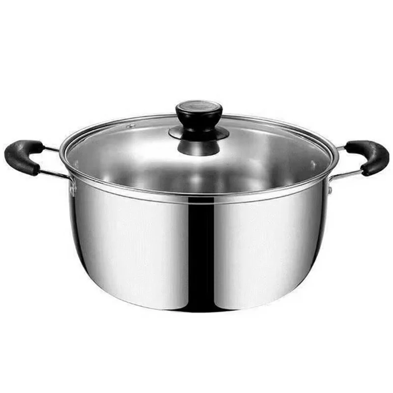 Olla de Acero Inoxidable Engrosada de 24 cm con Tapa de Vidrio, para Cocina de Gas, con Doble Asa (Libre de BPA, Sin FDA)