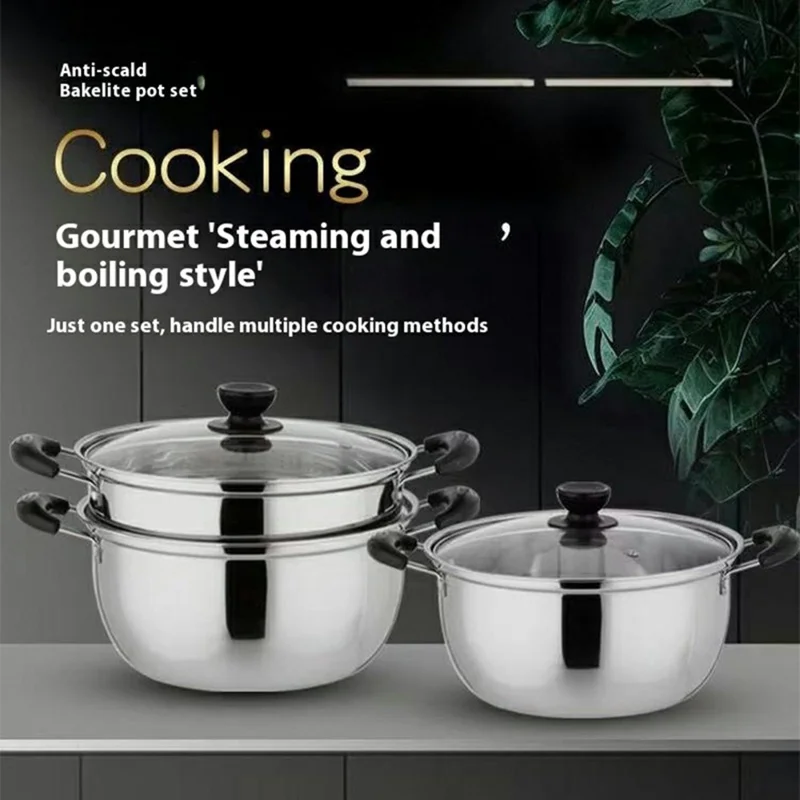Olla de Acero Inoxidable Engrosada de 24 cm con Tapa de Vidrio, para Cocina de Gas, con Doble Asa (Libre de BPA, Sin FDA)