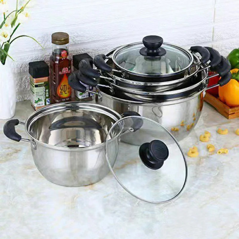 Olla de Acero Inoxidable Engrosada de 24 cm con Tapa de Vidrio, para Cocina de Gas, con Doble Asa (Libre de BPA, Sin FDA)