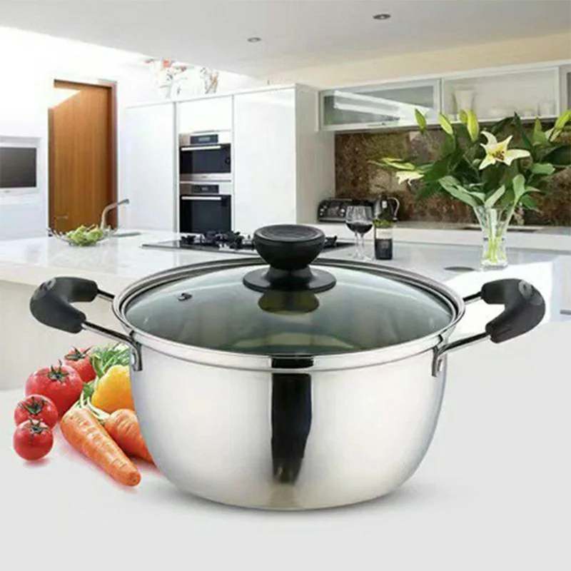 Olla de Acero Inoxidable Engrosada de 24 cm con Tapa de Vidrio, para Cocina de Gas, con Doble Asa (Libre de BPA, Sin FDA)