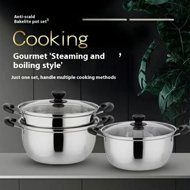 Olla de Acero Inoxidable Engrosada de 26 cm con Tapa de Vidrio para Cocina de Gas, Doble Asa (Libre de BPA, Sin FDA)