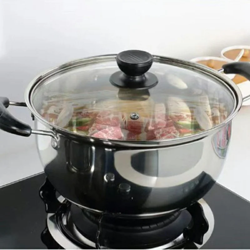 Olla de Acero Inoxidable Engrosada de 26 cm con Tapa de Vidrio para Cocina de Gas, Doble Asa (Libre de BPA, Sin FDA)