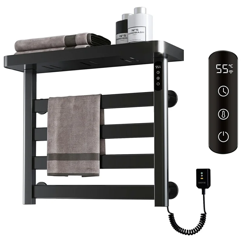 G50 Electric Heated Towel Rack Bathroom Towel Fast Drying Adjustable Temperature Waterproof Metal Shelf - Right Wire Outlet / Black