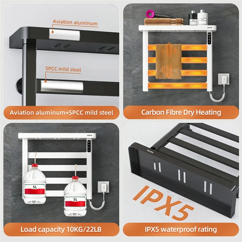 G50 Electric Heated Towel Rack Bathroom Towel Fast Drying Adjustable Temperature Waterproof Metal Shelf - Right Wire Outlet / Black