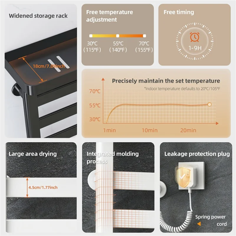 G50 Electric Heated Towel Rack Bathroom Towel Fast Drying Adjustable Temperature Waterproof Metal Shelf - Right Wire Outlet / Black