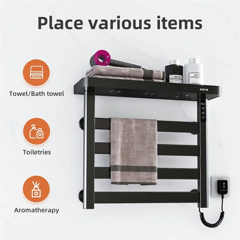 G50 Electric Heated Towel Rack Bathroom Towel Fast Drying Adjustable Temperature Waterproof Metal Shelf - Right Wire Outlet / Black