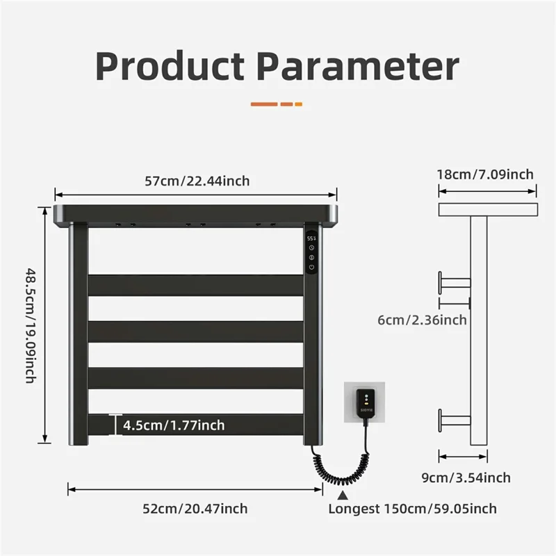 G50 Electric Heated Towel Rack Bathroom Towel Fast Drying Adjustable Temperature Waterproof Metal Shelf - Right Wire Outlet / Black