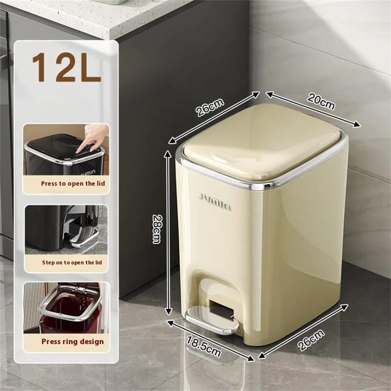 Cestino della spazzatura da 12L con coperchio, in plastica con pedale, per camera da letto / cucina / ufficio - Bianco crema