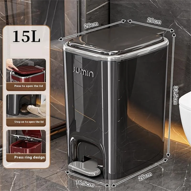 15L Electroplated Trash Can with Lid Plastic Foot Pedal Waste Bin for Bedroom / Kitchen / Office - Black