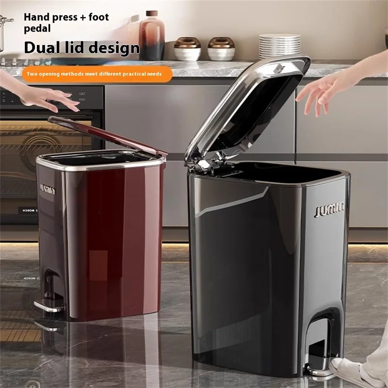 15L Electroplated Trash Can with Lid Plastic Foot Pedal Waste Bin for Bedroom / Kitchen / Office - Black
