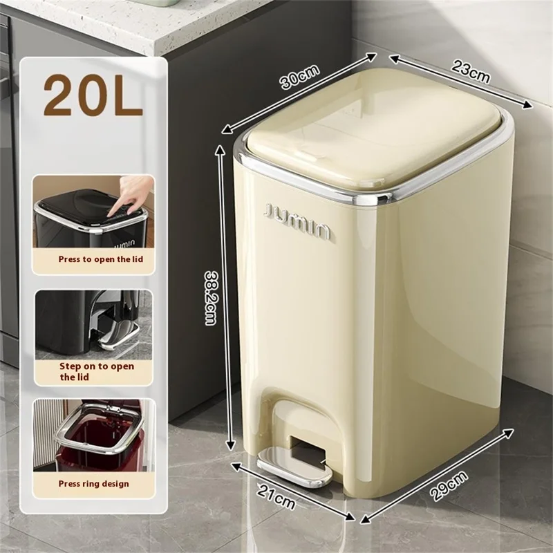 20L Electroplated Trash Can with Lid Plastic Foot Pedal Waste Bin for Bedroom / Kitchen / Office - Cream White