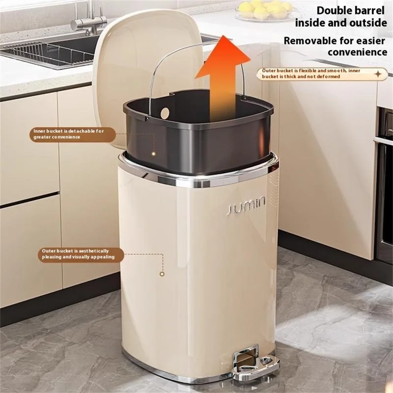 15L Electroplated Dual Layer Waste Bin Plastic Foot Pedal Trash Can with Lid for Kitchen Living Room, Size S - Black