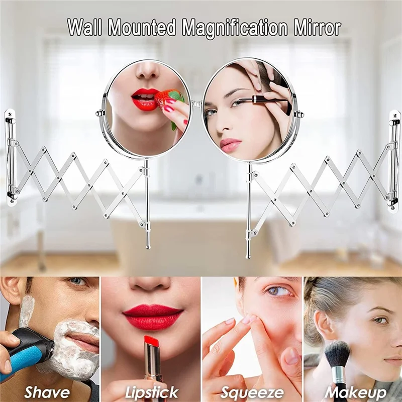Miroir de maquillage TQ-210 de 7 pouces, à montage mural, rétractable et pliant, avec grossissement 1X / 3X des deux côtés