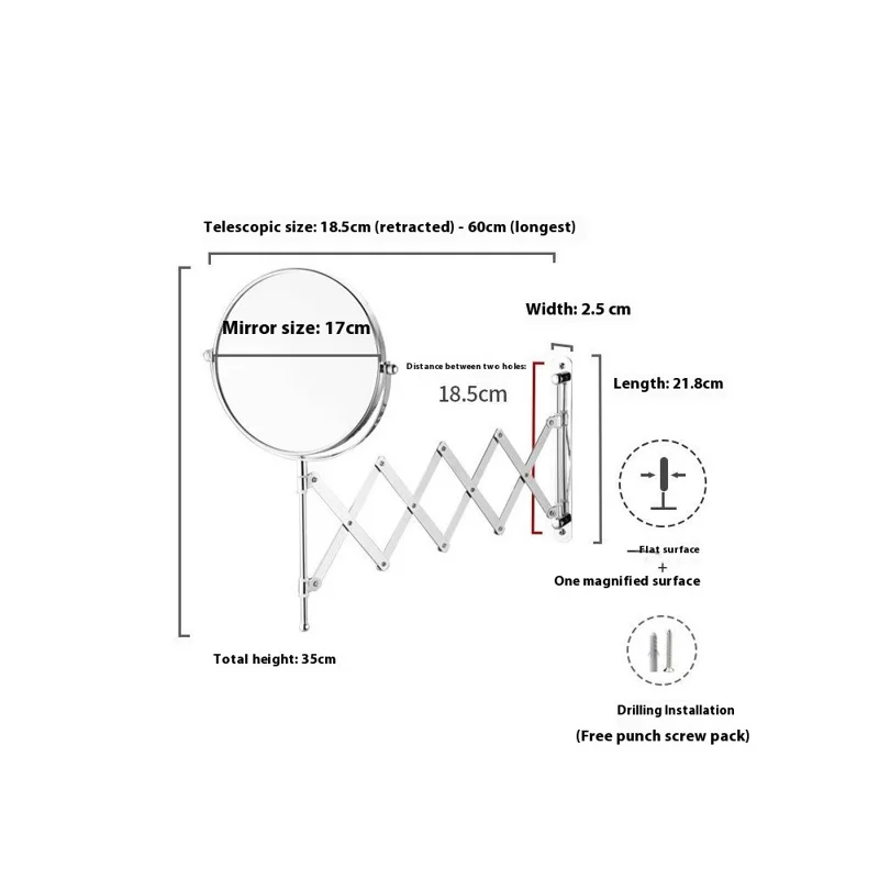 Miroir de maquillage TQ-210 de 7 pouces, à montage mural, rétractable et pliant, avec grossissement 1X / 3X des deux côtés