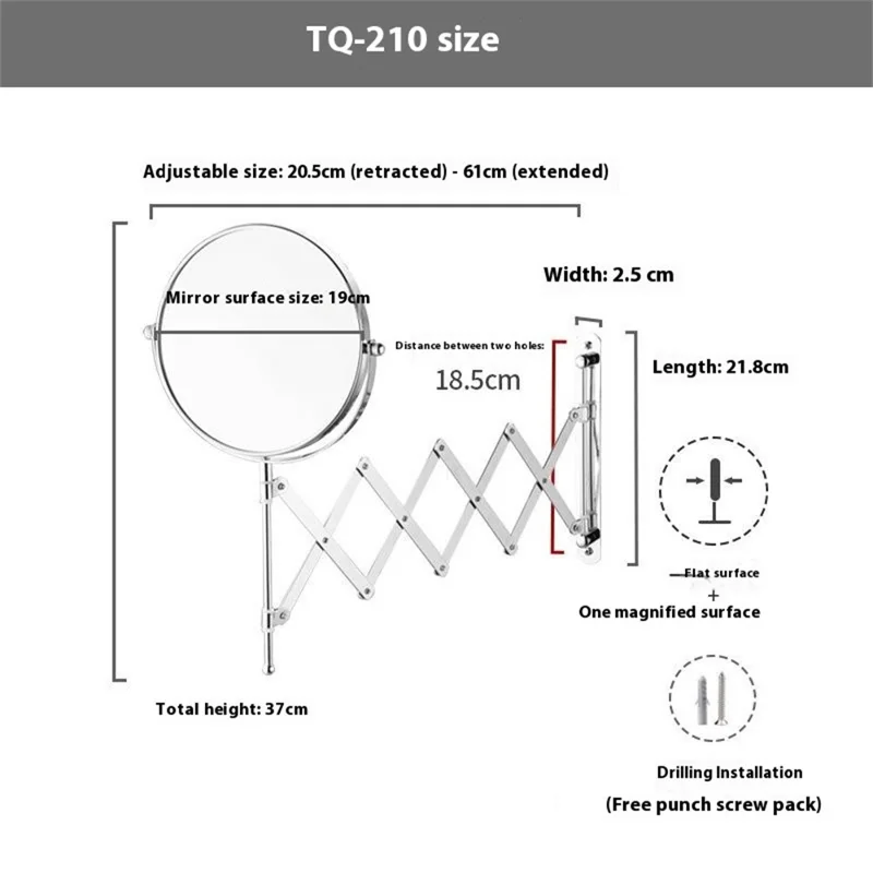 TQ-210 8 Zoll 1X / 2X Vergrößerung Beidseitiger Schminkspiegel Wandmontiert Ausziehbar Klappbar Kosmetikspiegel
