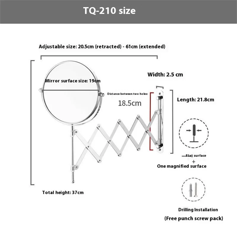 TQ-210 8-дюймовое зеркало для макияжа с 1-кратным / 3-кратным увеличением, двусторонее, настенное, выдвижное, складное, туалетное