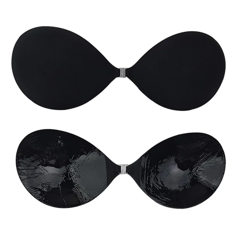 B Cup Women Self Adhesive Nipple Cover with Front Buckle Breathable Invisible Push Up Bra Tape - Black