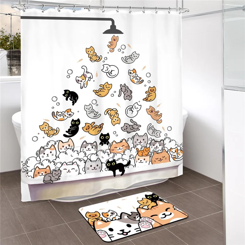 Cartoon Animal Shower Curtain 180 x 180cm Waterproof Polyester Bathroom Divider with 12 Hooks - Cats