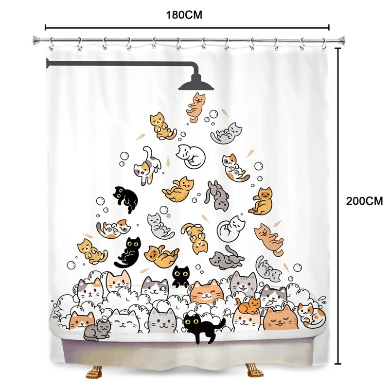 Cartoon Animal Shower Curtain 200 x 180cm Waterproof Polyester Bathroom Divider with 12 Hooks - Cats