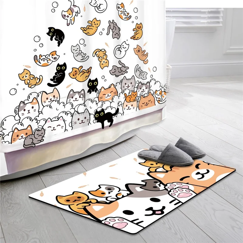 Cartoon Animal Shower Curtain 200 x 180cm Waterproof Polyester Bathroom Divider with 12 Hooks - Cats