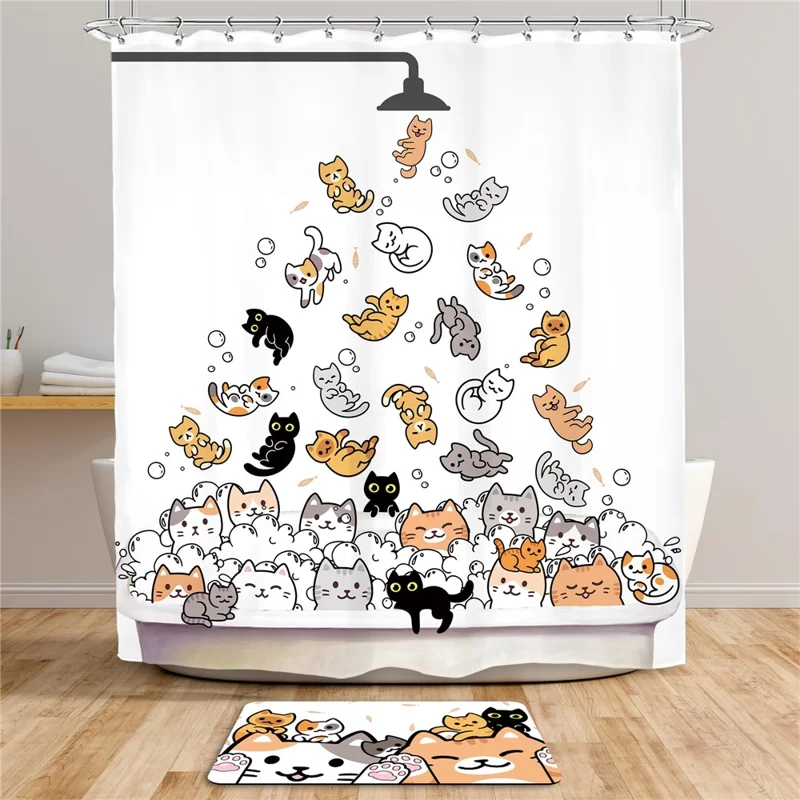 Cartoon Animal Shower Curtain 200 x 180cm Waterproof Polyester Bathroom Divider with 12 Hooks - Cats