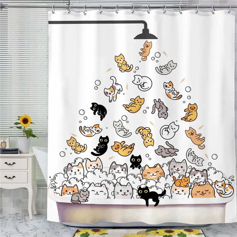 Cartoon Animal Shower Curtain 200 x 180cm Waterproof Polyester Bathroom Divider with 12 Hooks - Cats