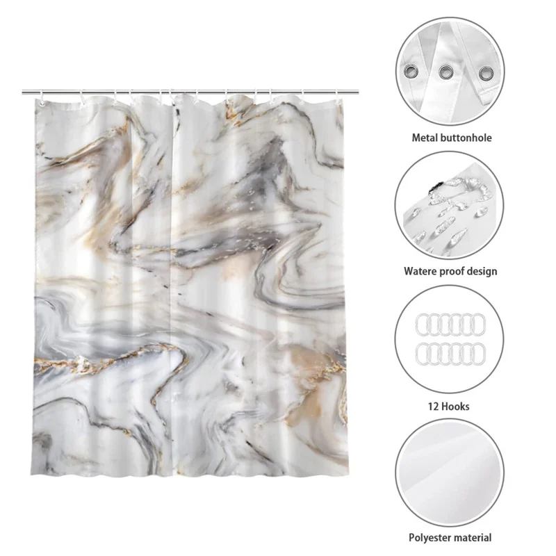 Cortina de ducha de 180 x 180 cm, impermeable, con patrón de mármol, impresión digital 3D en poliéster, repelente al agua - Estilo A