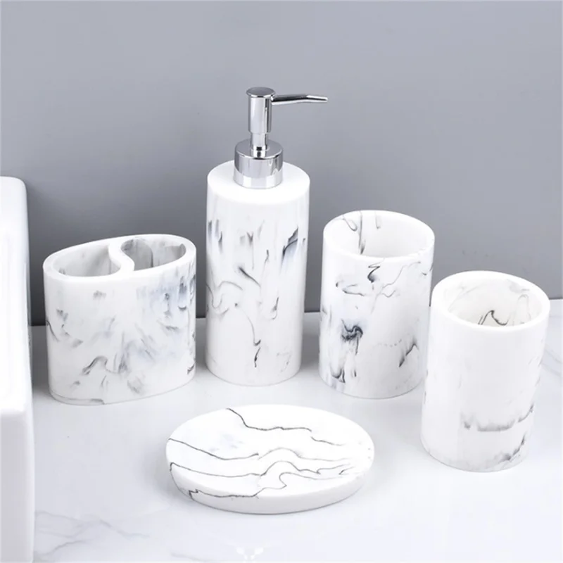 Nordic Marble Pattern 5-Piece Bathroom Accessories Set Resin Toiletries Kit Luxury Washroom Decor - Ink Black