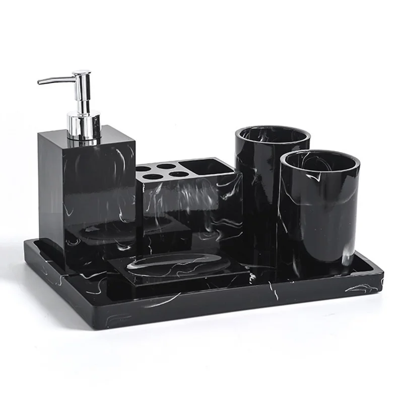 Set di accessori da bagno con motivo marmoreo, 6 pezzi, Kit di articoli da toilette di lusso con dispenser di sapone e portaspazzolino - Nero inchiostro