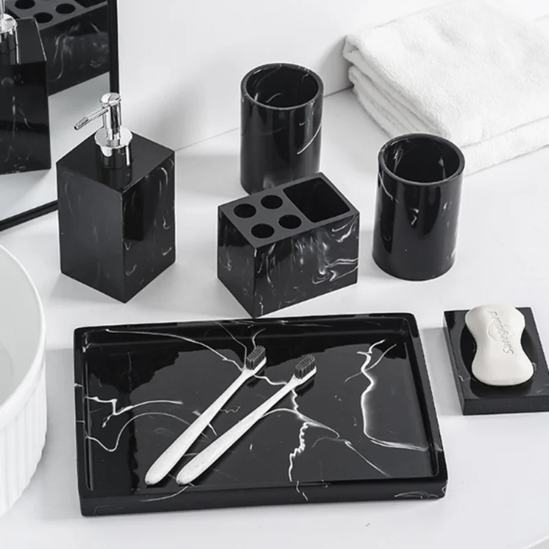 Set di accessori da bagno con motivo marmoreo, 6 pezzi, Kit di articoli da toilette di lusso con dispenser di sapone e portaspazzolino - Nero inchiostro