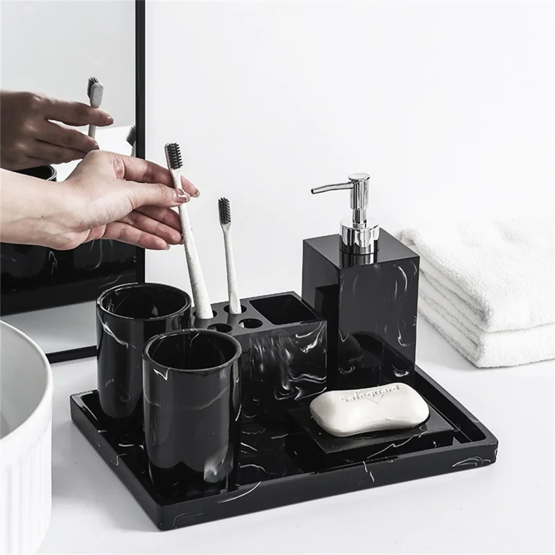 Set di accessori da bagno con motivo marmoreo, 6 pezzi, Kit di articoli da toilette di lusso con dispenser di sapone e portaspazzolino - Nero inchiostro