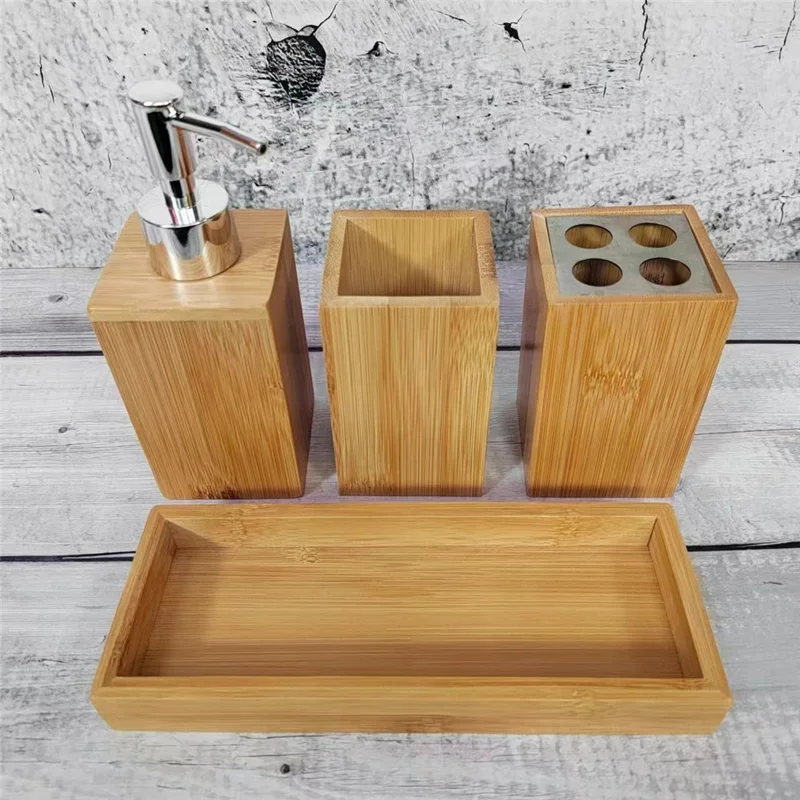 Set di accessori da bagno in bambù: Porta spazzolino, Bicchiere per collutorio, Dispenser per lozione con base