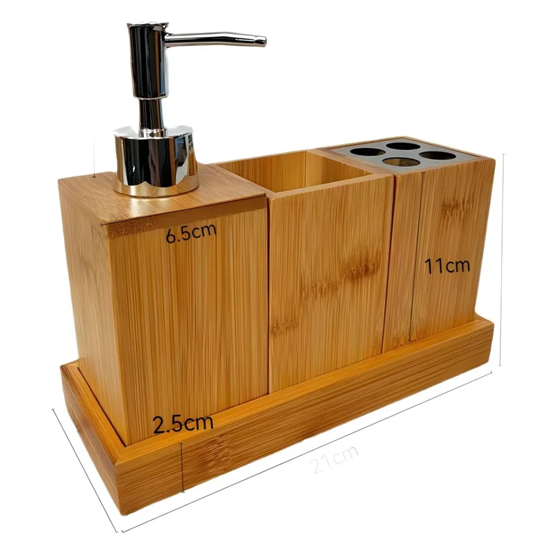 Set di accessori da bagno in bambù: Porta spazzolino, Bicchiere per collutorio, Dispenser per lozione con base