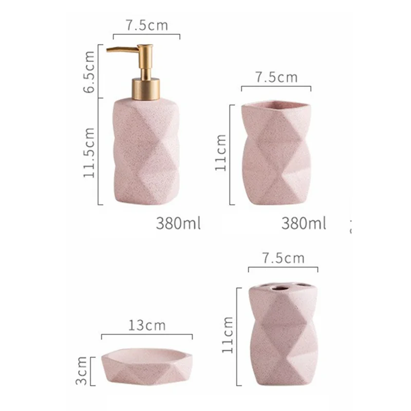 Set da 4 Pezzi di Accessori Bagno in Ceramica Stile Nordico - Dispenser per Lozione, Porta Spazzolino, Portasapone, Bicchiere per Collutorio - Rosa