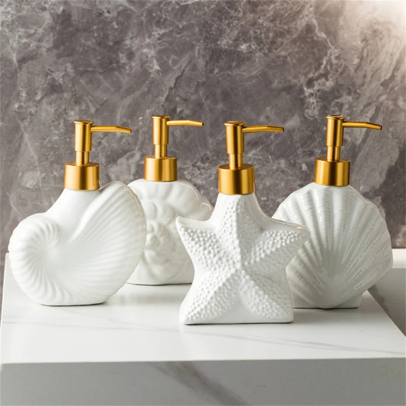 Distributeur en céramique nordique pour hôtel - Bouteille de savon, shampooing, après-shampooing et lotion avec pompe rechargeable - Modèle Coquillage