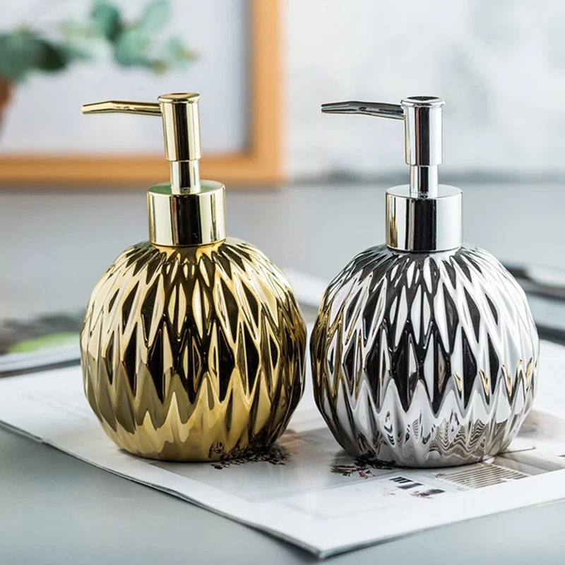 Distributeur rechargeable en céramique de 400 ml pour savon liquide, gel douche, shampooing et lotion - Bouteille distributrice pour hôtel avec pompe - Argent