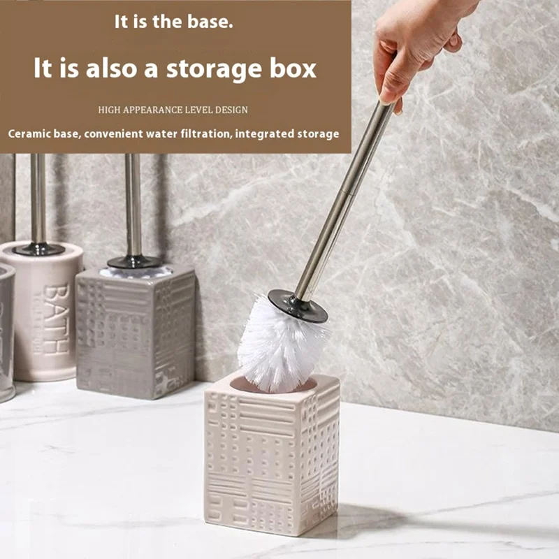 Nordic Ceramic Base No Dead Angle Toilet Brush Long Handle Bathroom Cleaner - Square / White