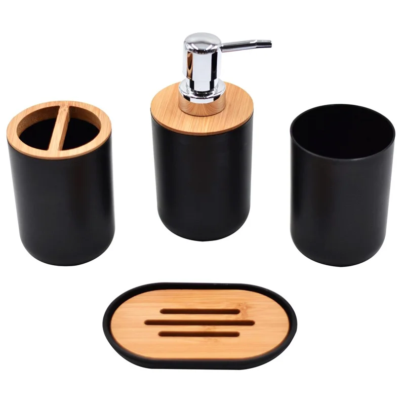 Set da 4 pezzi di accessori bagno in PP + Bambù: Porta spazzolino, Portasapone, Dispenser per lozione, Bicchiere da risciacquo - Nero