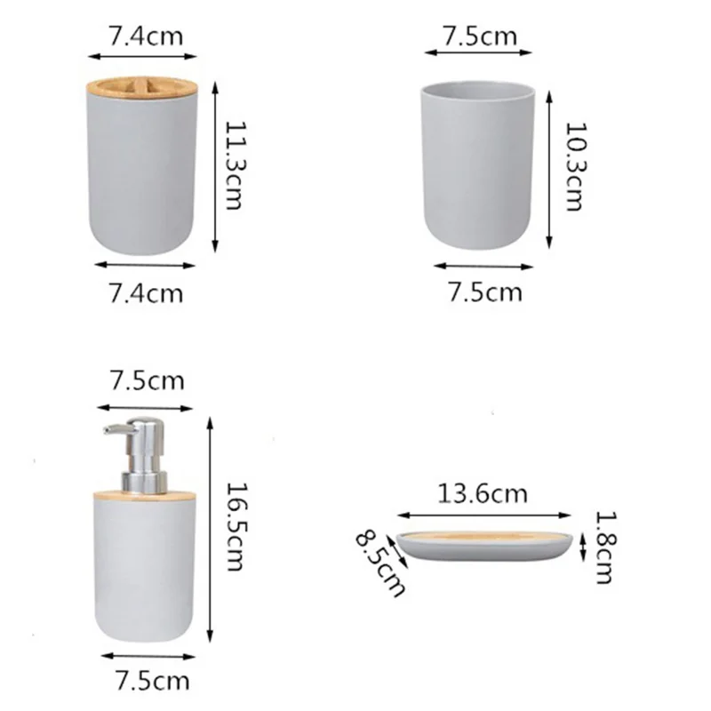 Set da 4 pezzi di accessori bagno in PP + Bambù: Porta spazzolino, Portasapone, Dispenser per lozione, Bicchiere da risciacquo - Nero