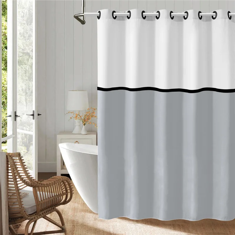 Rideau de douche imperméable en polyester avec motif color block, 180 x 200 cm, anneaux romains, pour salle de bain ou hôtel - Gris