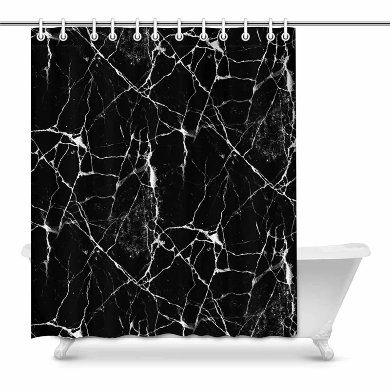 Cortina de Chuveiro PEVA Antimofo com Padrão de Mármore Preto, 180 x 180 cm, para Banheiro