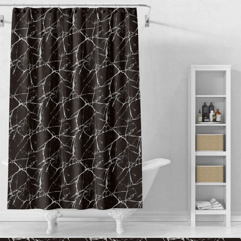 Cortina de Chuveiro PEVA Antimofo com Padrão de Mármore Preto, 180 x 180 cm, para Banheiro