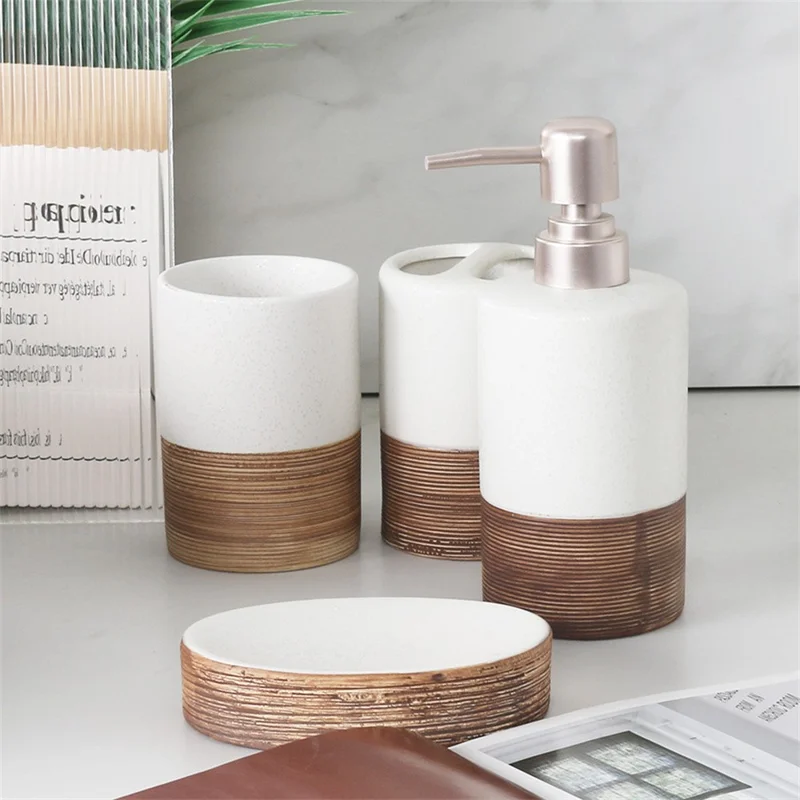 Vintage Ceramic Bathroom Accessories Set Lotion Dispenser Soap Dish Toothbrush Holder Rinsing Cup