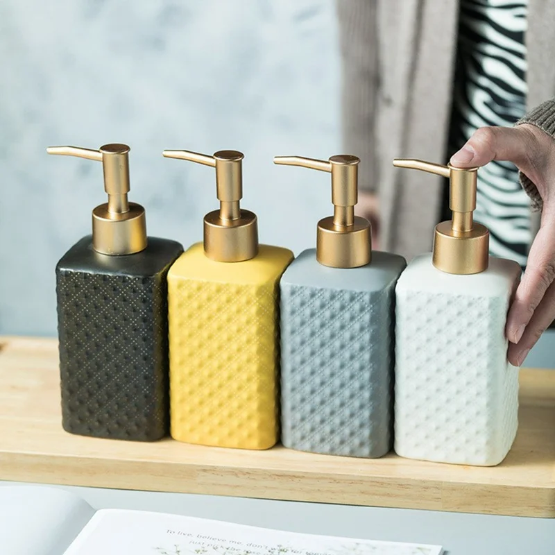 350ml Badezimmer nachfüllbare Keramik-Spender Flasche Handseife Duschgel Shampoo Lotion Pumpflasche - Gelb